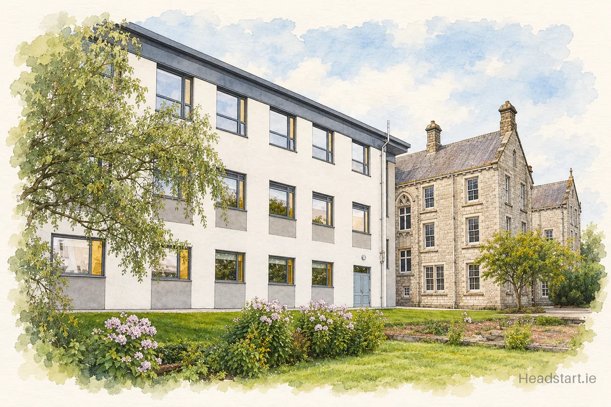 Watercolour illustration of the St. Louis Secondary School building, Monaghan