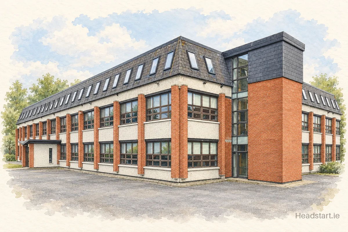 Watercolour illustration of the Our Lady of Mercy Secondary School building, Waterford