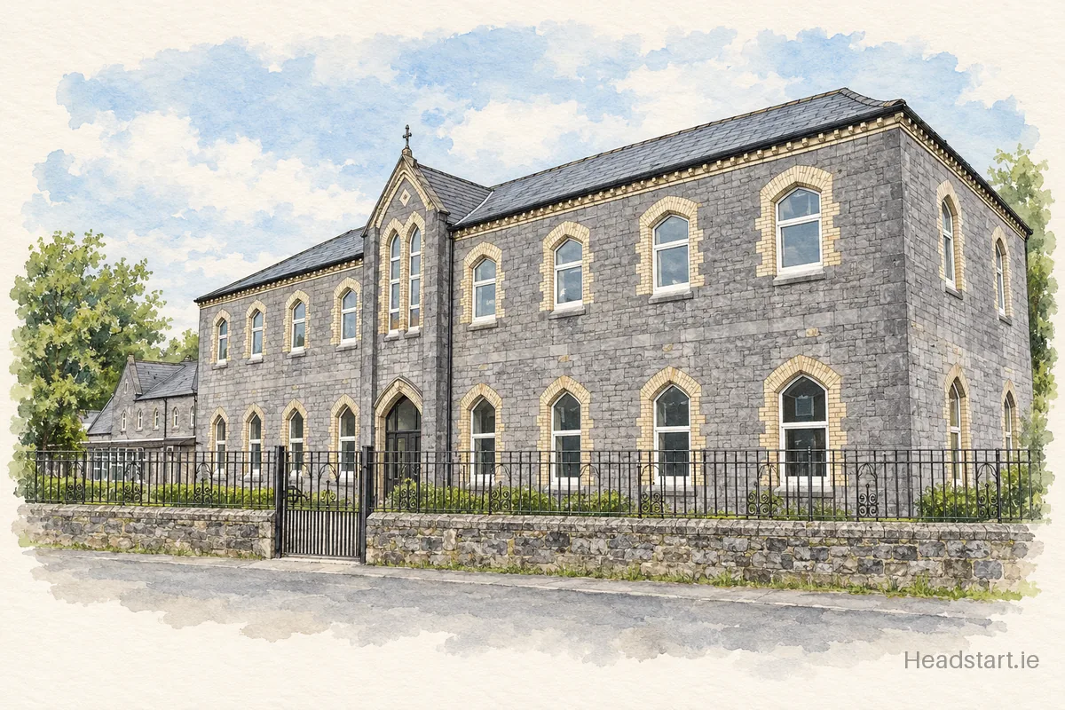 Watercolour illustration of the Mercy College building, Roscommon