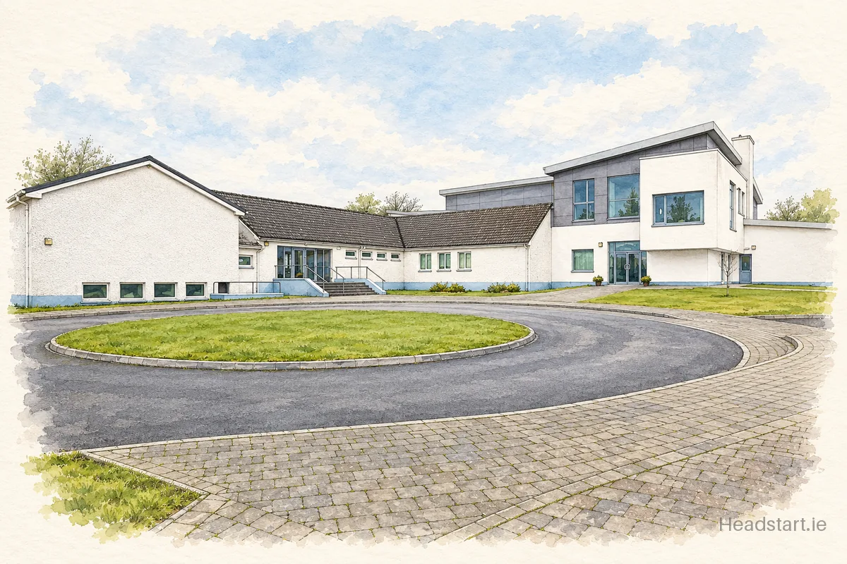 Watercolour illustration of the Scoil Mhuire building, Strokestown