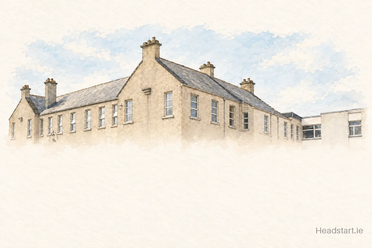 Watercolour illustration of the Jesus & Mary Secondary School building, Enniscrone
