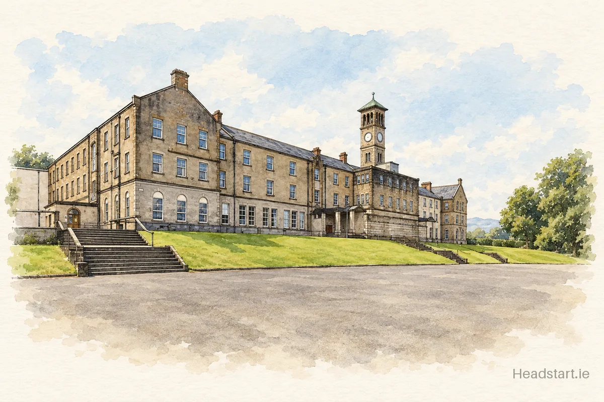 Watercolour illustration of the Rockwell College building, Cashel
