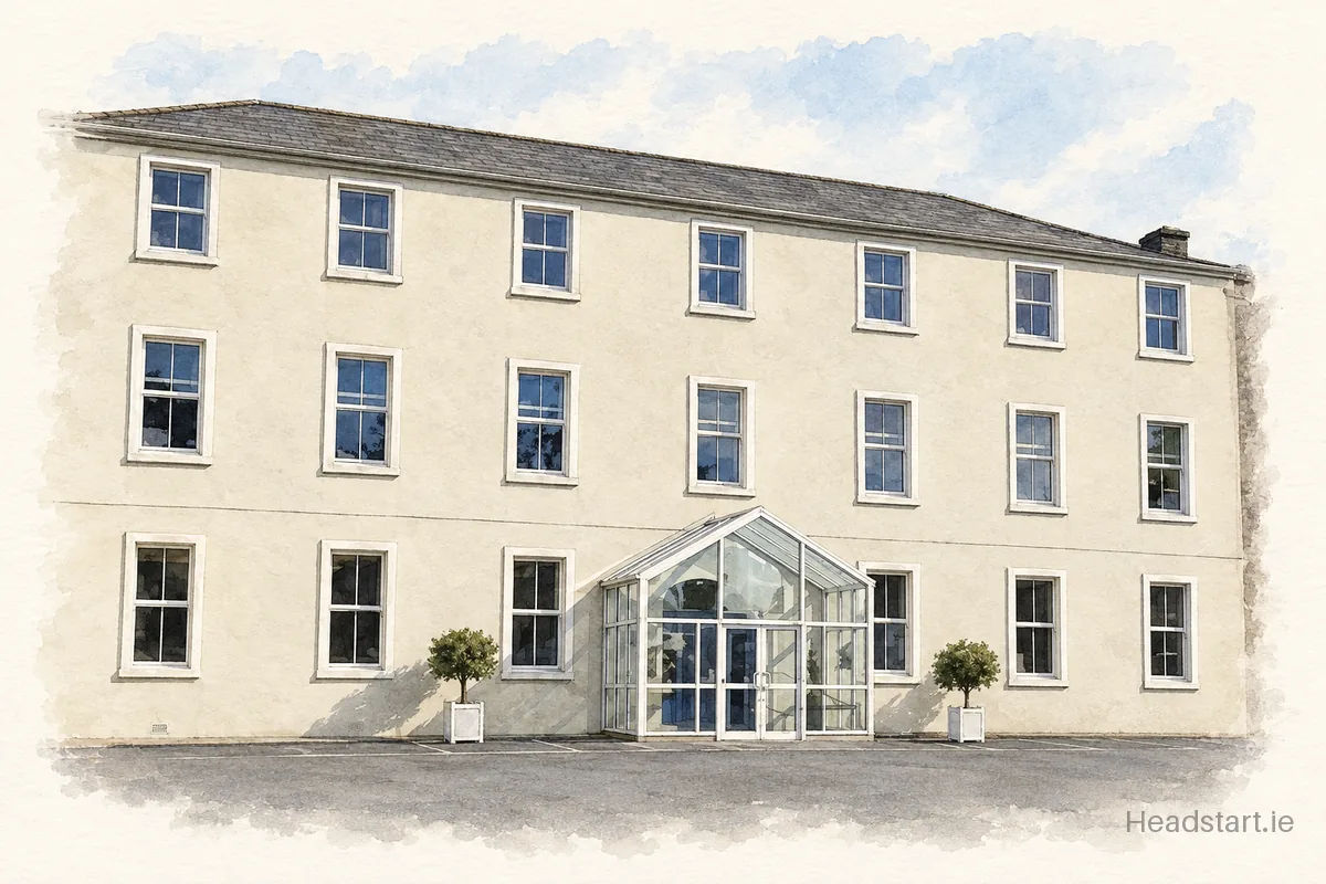 Watercolour illustration of the St. Anne's Secondary School building, Tipperary