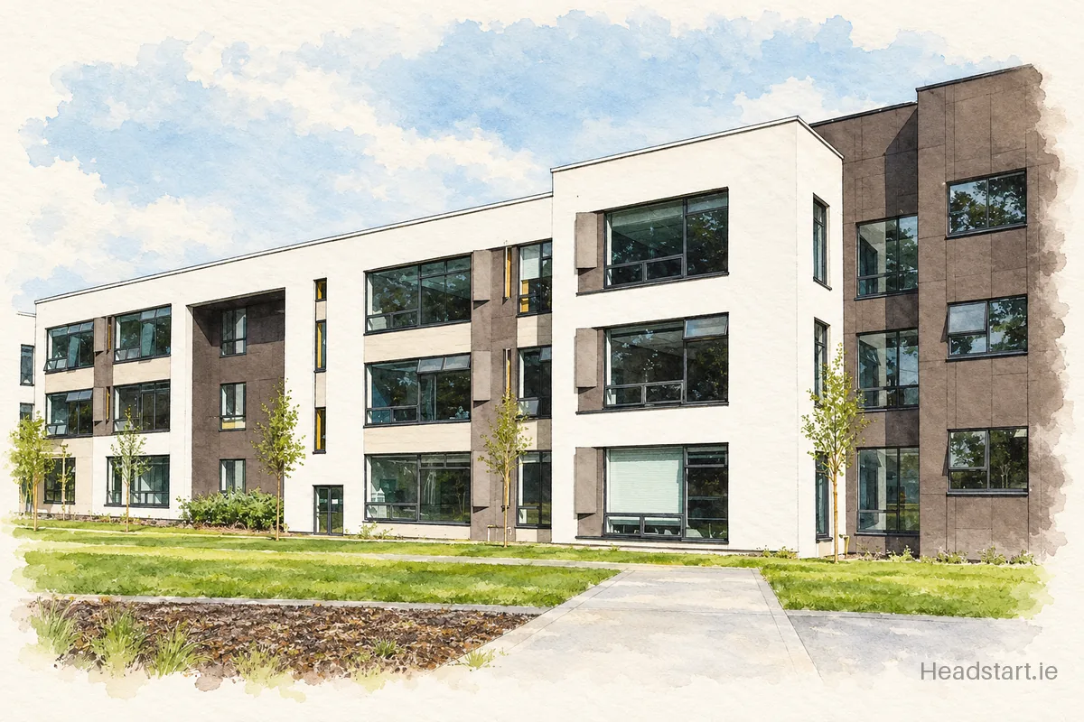 Watercolour illustration of the Colaiste Choilm building, Tullamore