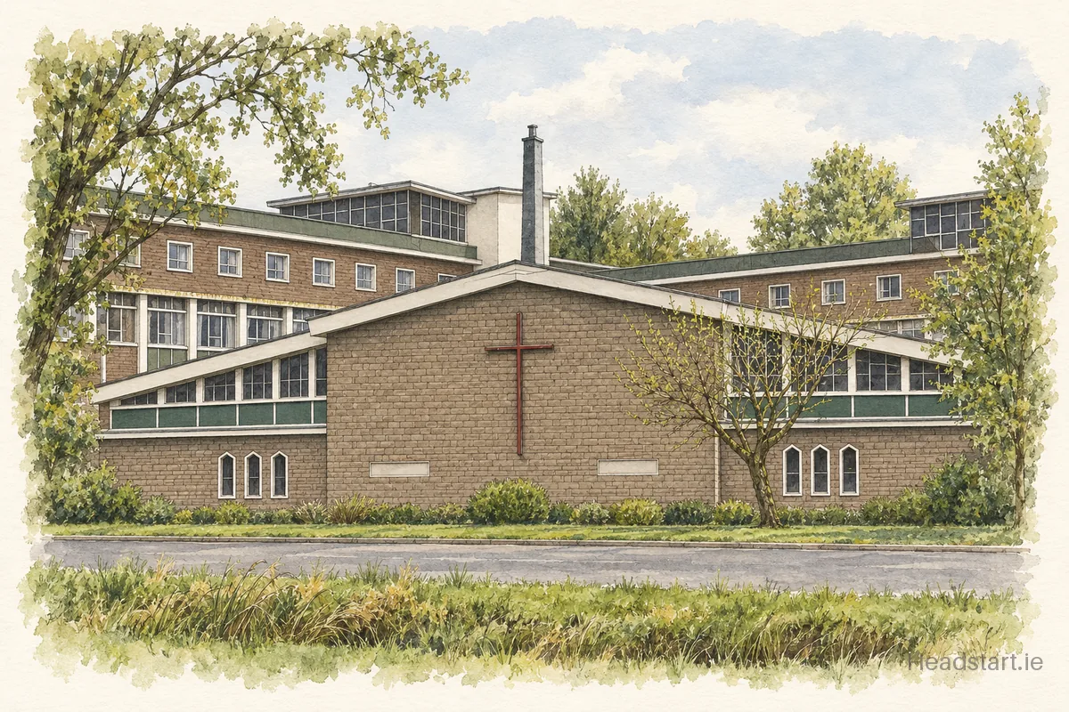 Watercolour illustration of the Sacred Heart Secondary School building, Tullamore