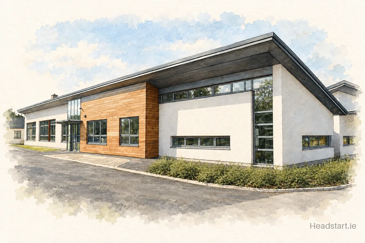 Watercolour illustration of the Killina Presentation Secondary School building, Tullamore