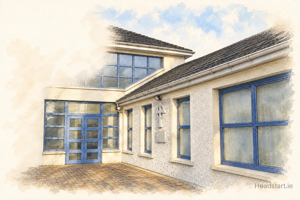 Watercolour illustration of the Coláiste Íosagáin building, Portarlington