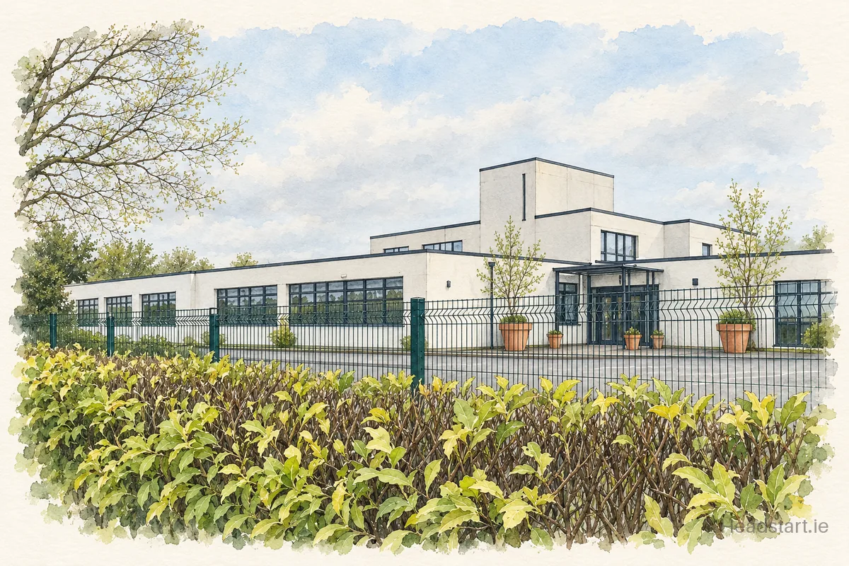 Watercolour illustration of the Gaelcholaiste Chill Dara building, Naas