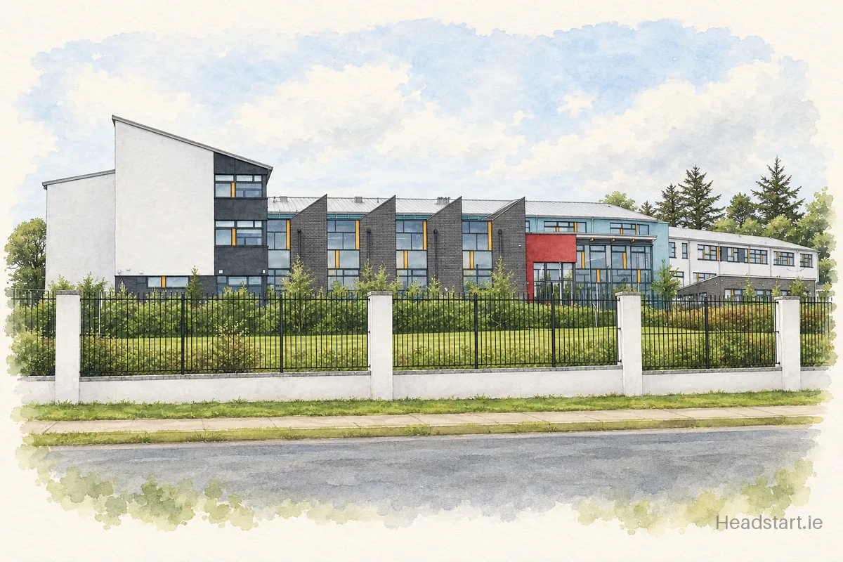Watercolour illustration of the Temple Carrig Secondary School building, Greystones