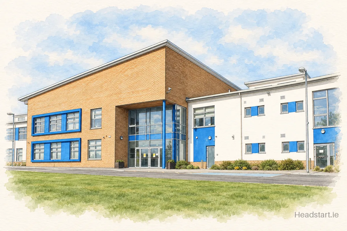 Watercolour illustration of the Coláiste Ghlór na Mara building, Balbriggan