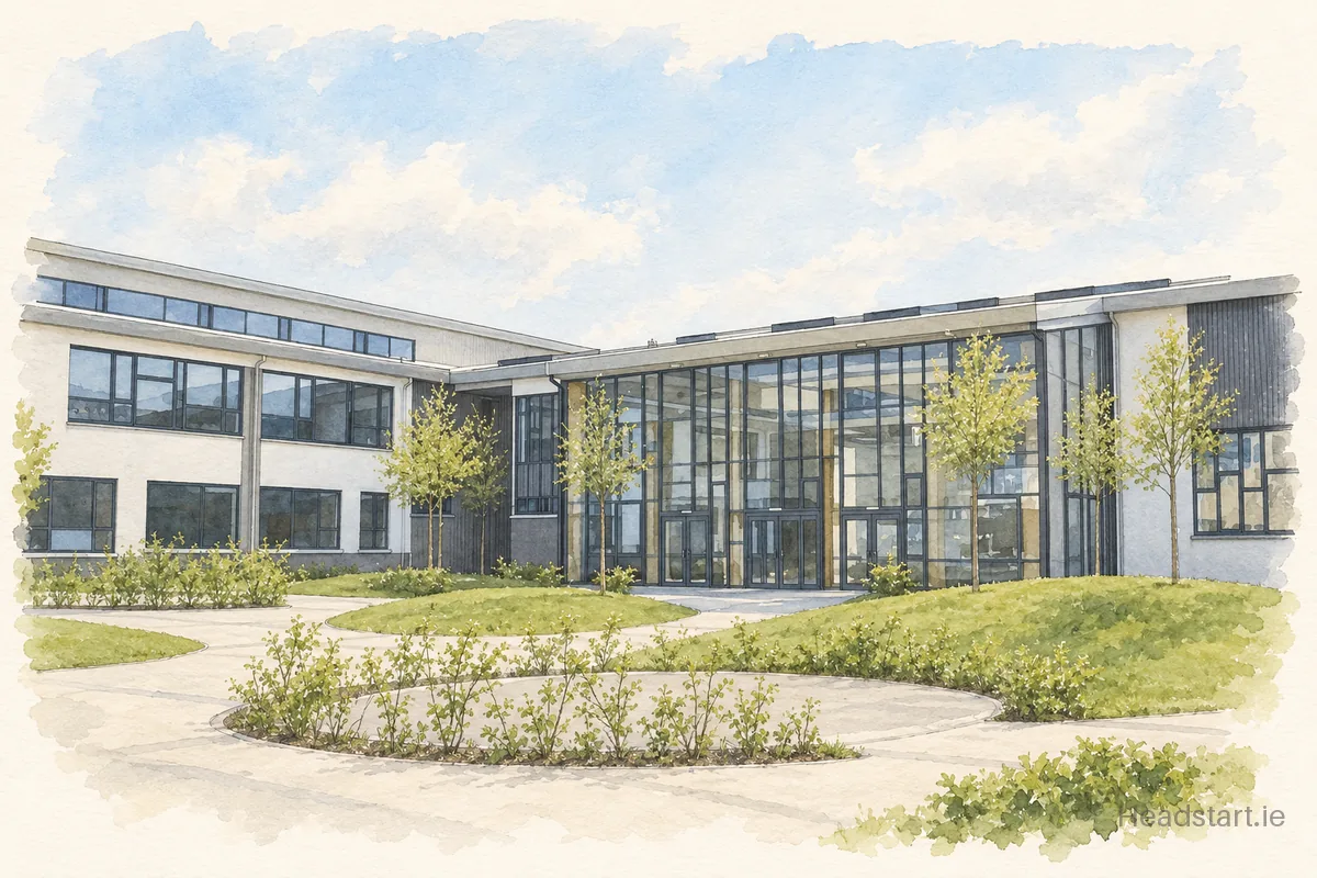 Watercolour illustration of the Le Cheile Secondary School building, Tyrrelstown