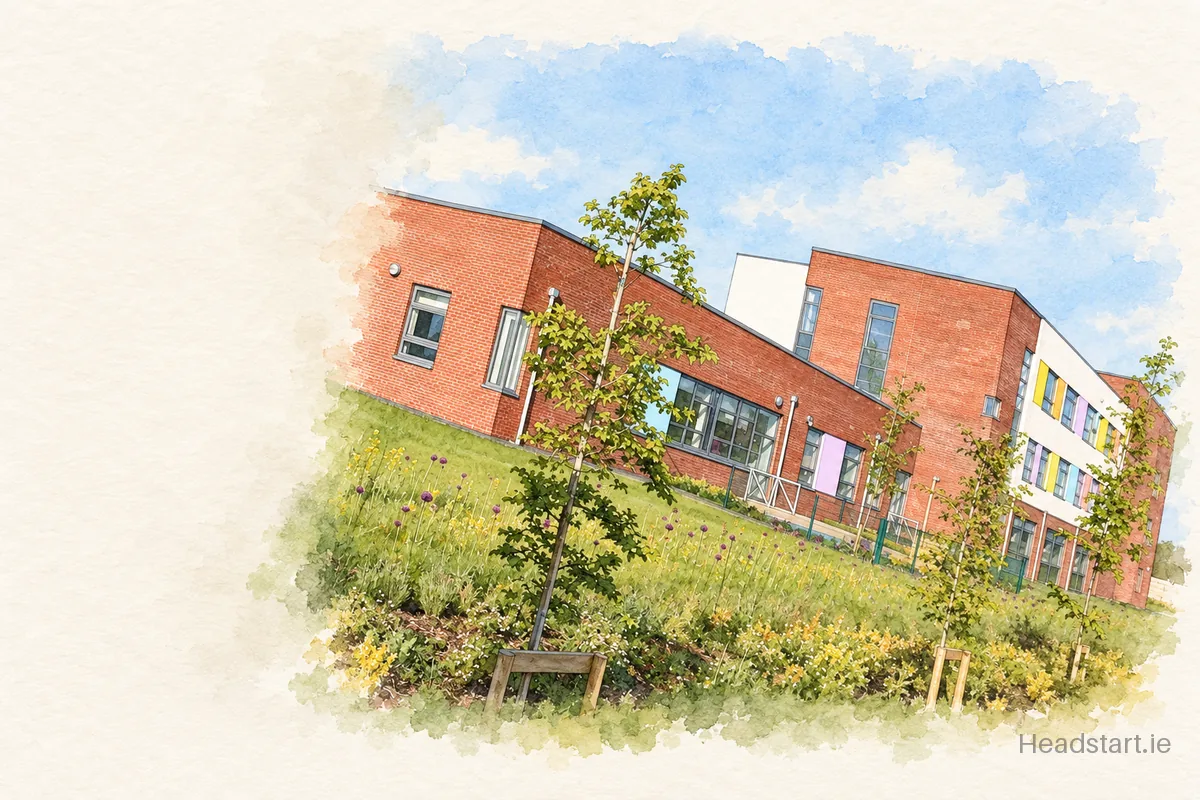 Watercolour illustration of the Hansfield Educate Together Secondary School building, Hansfield
