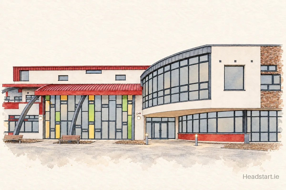 Watercolour illustration of the Scoil na Tríonóide Naofa building, Limerick