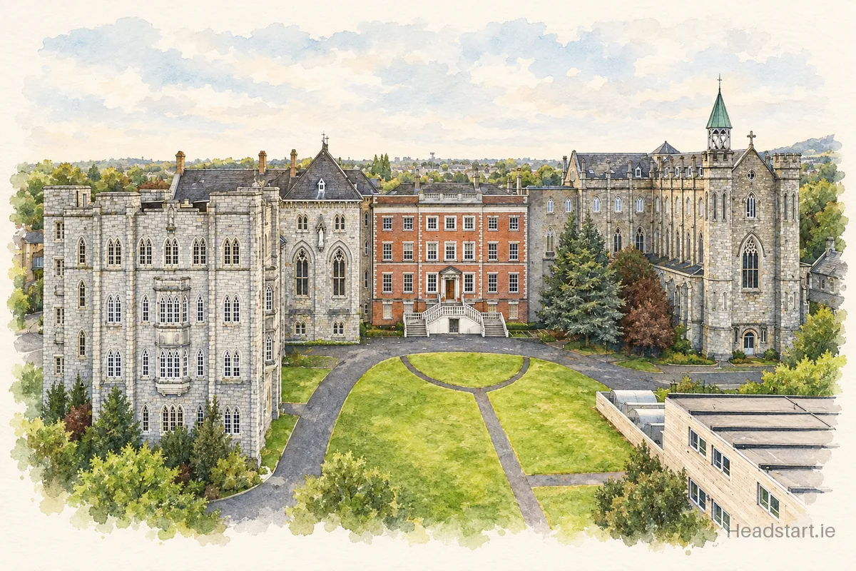 Watercolour illustration of the Gaelcholáiste an Phiarsaigh building, Rathfarnham