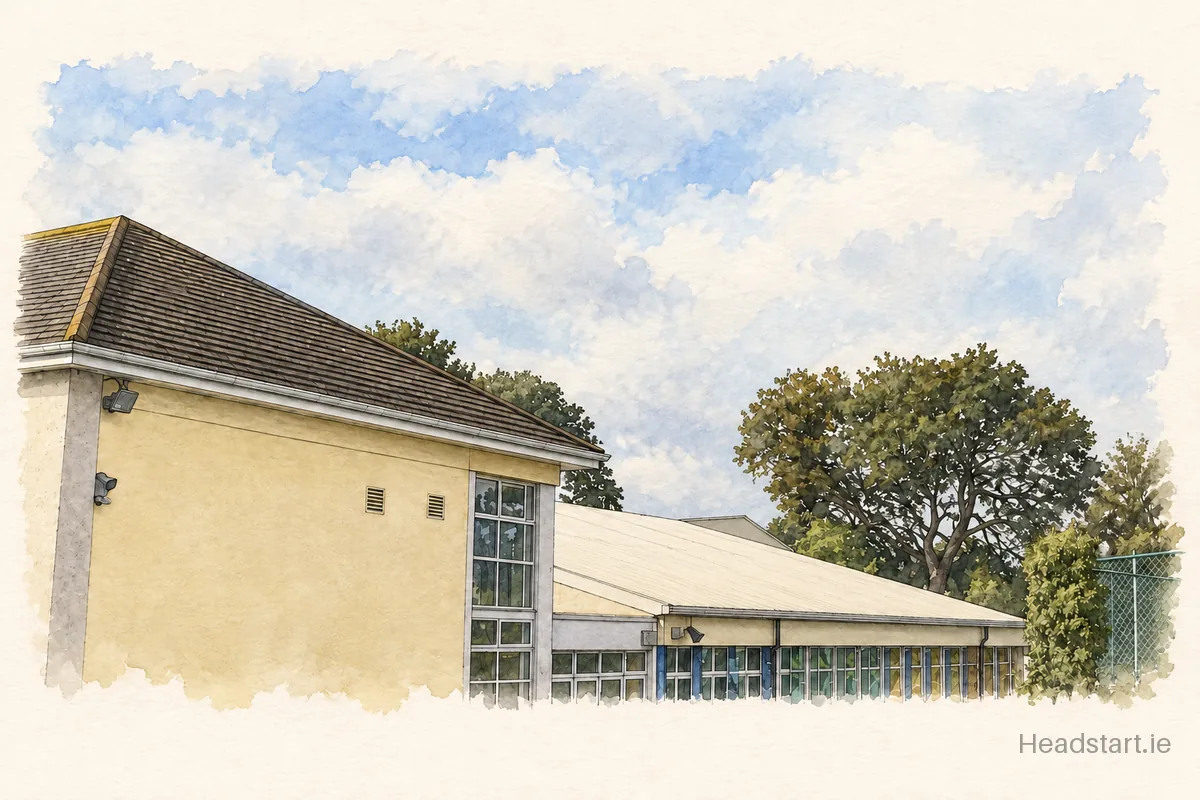 Watercolour illustration of the New Cross College building, Finglas