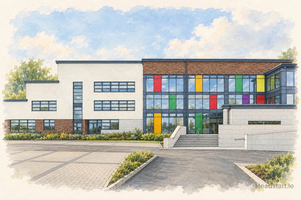 Watercolour illustration of the Stepaside Educate Together Secondary School building, Leopardstown