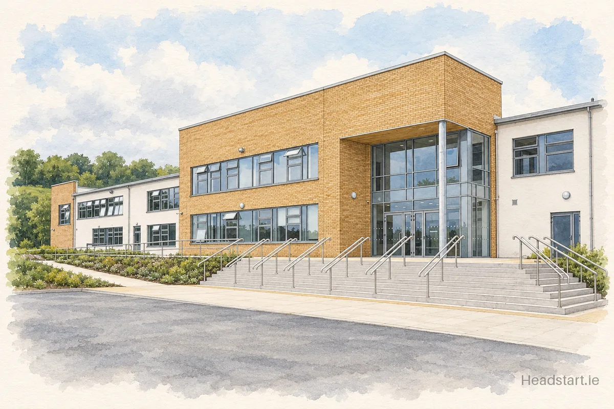 Watercolour illustration of the Edmund Rice School Carrigaline building, Carrigaline