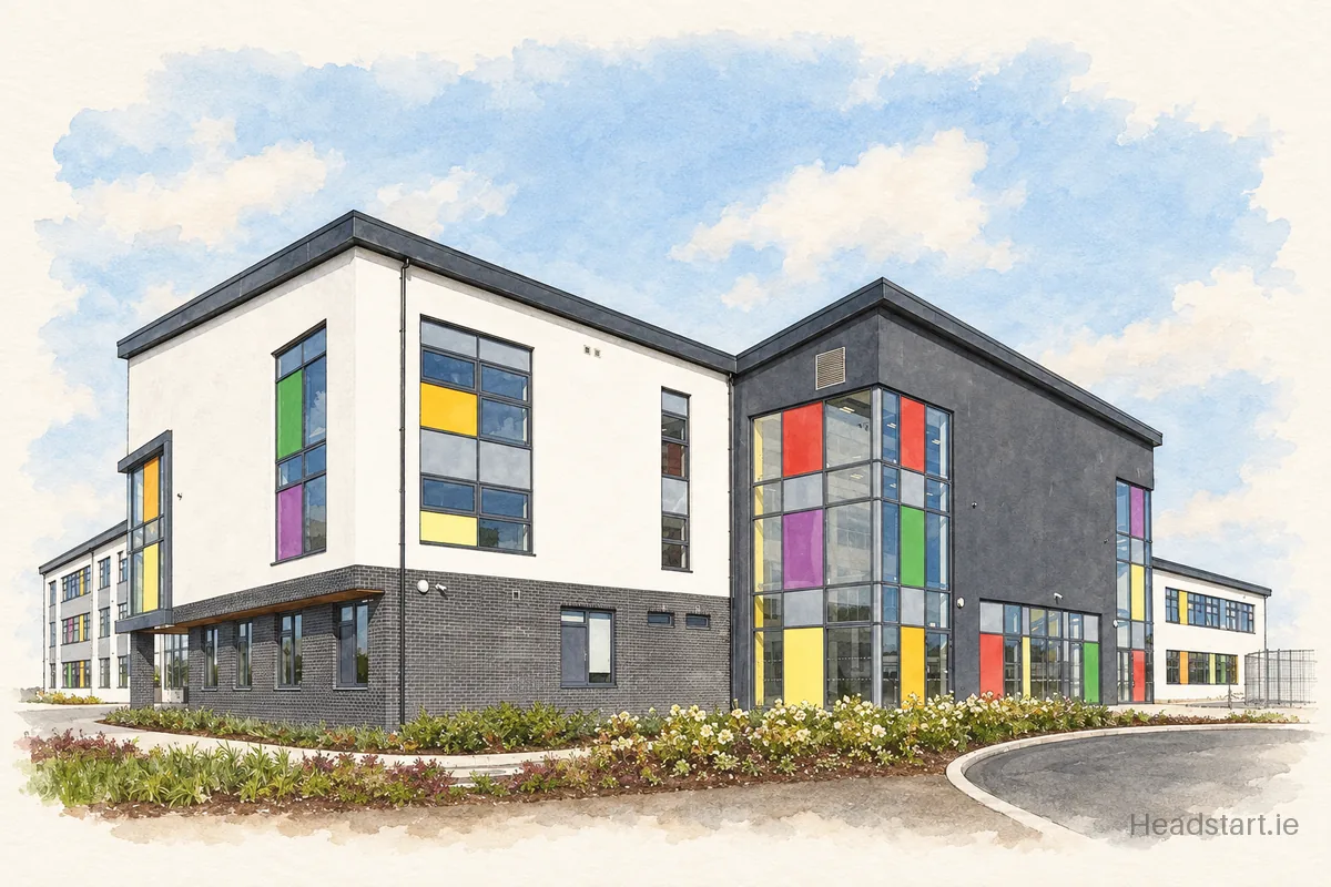 Watercolour illustration of the Malahide & Portmarnock Secondary School building, Swords and Dublin Airport