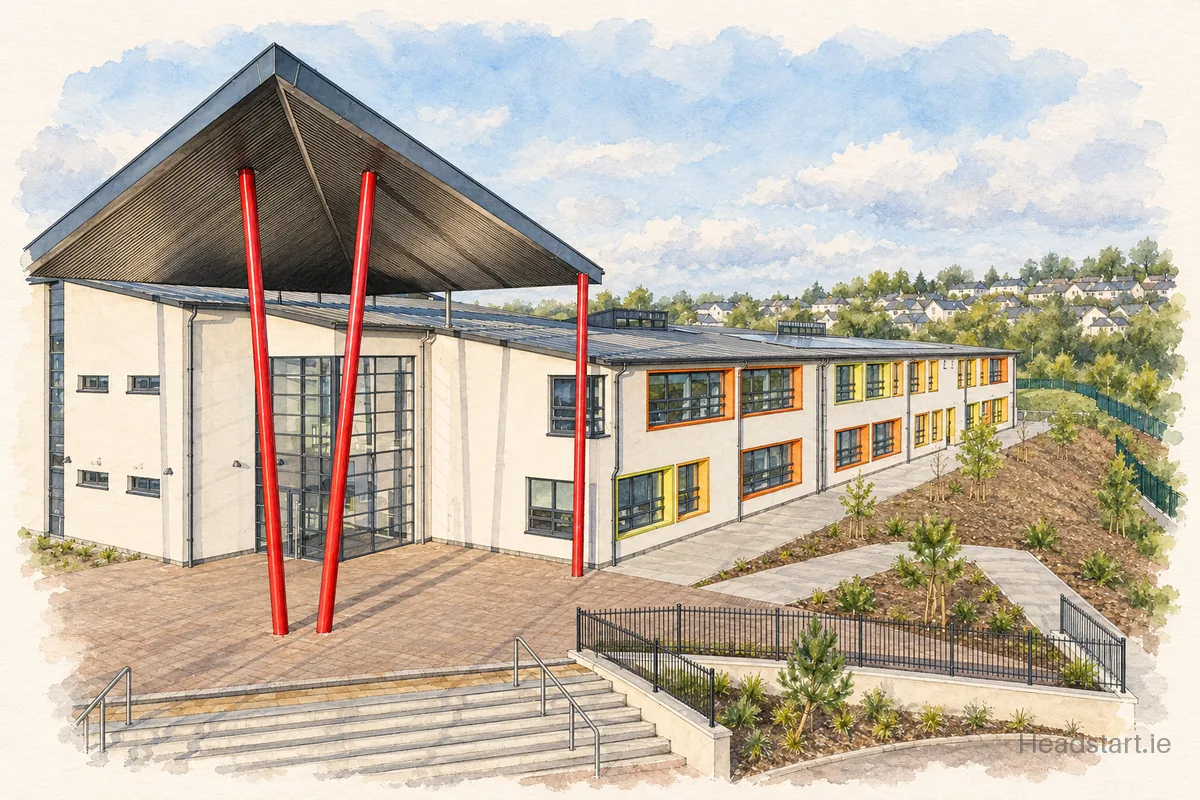Watercolour illustration of the Limerick Educate Together Secondary School building, Limerick