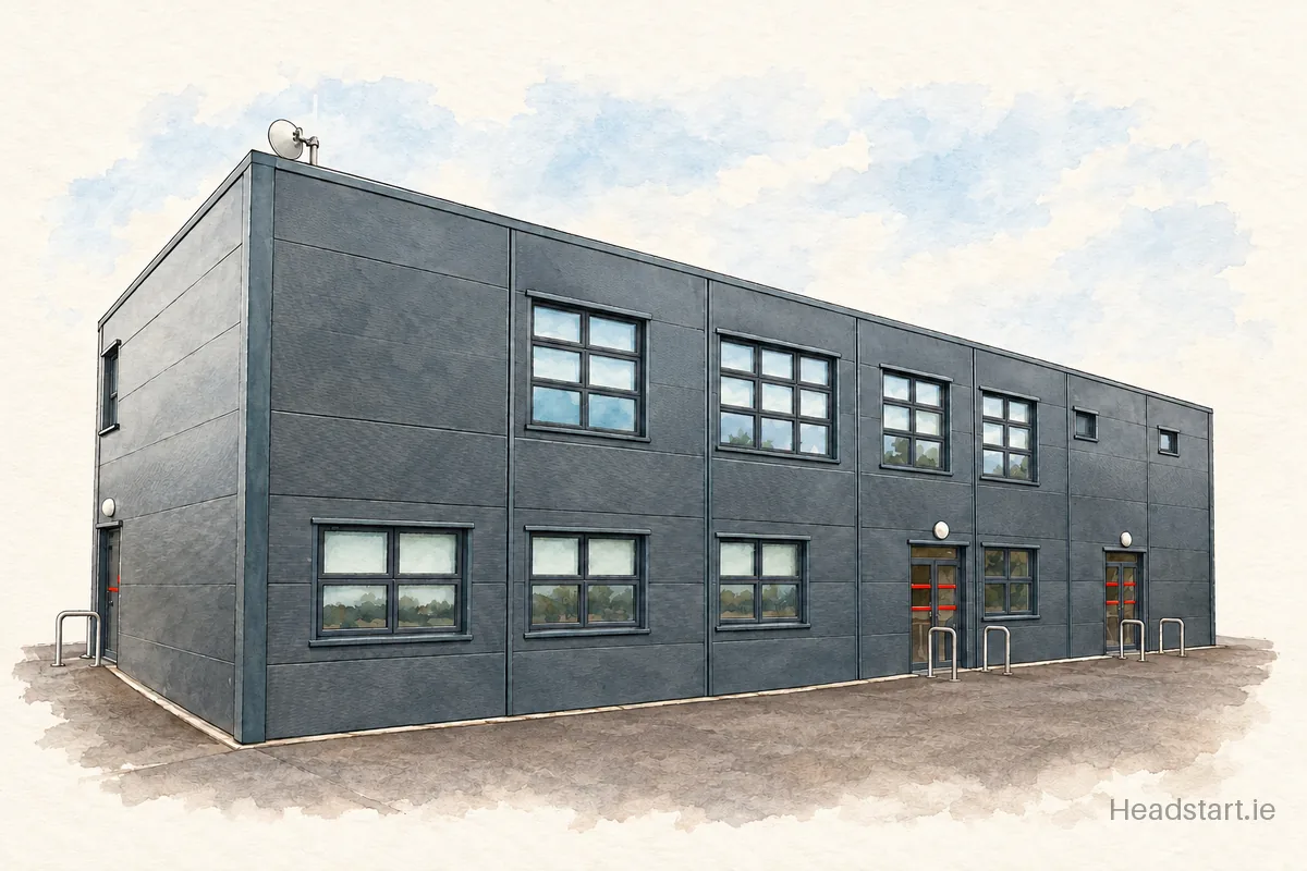 Watercolour illustration of the Drogheda Educate Together Secondary School building, Drogheda