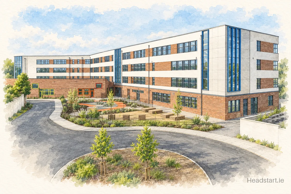 Watercolour illustration of the Harolds Cross Educate Together Secondary School building, Dublin 6W
