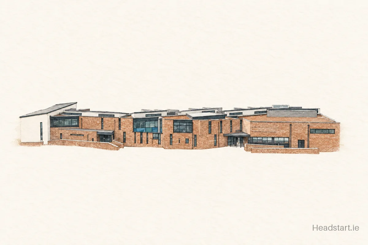 Watercolour illustration of the Booterstown Blackrock Dun Laoghaire Educate Together building, Cherrywood