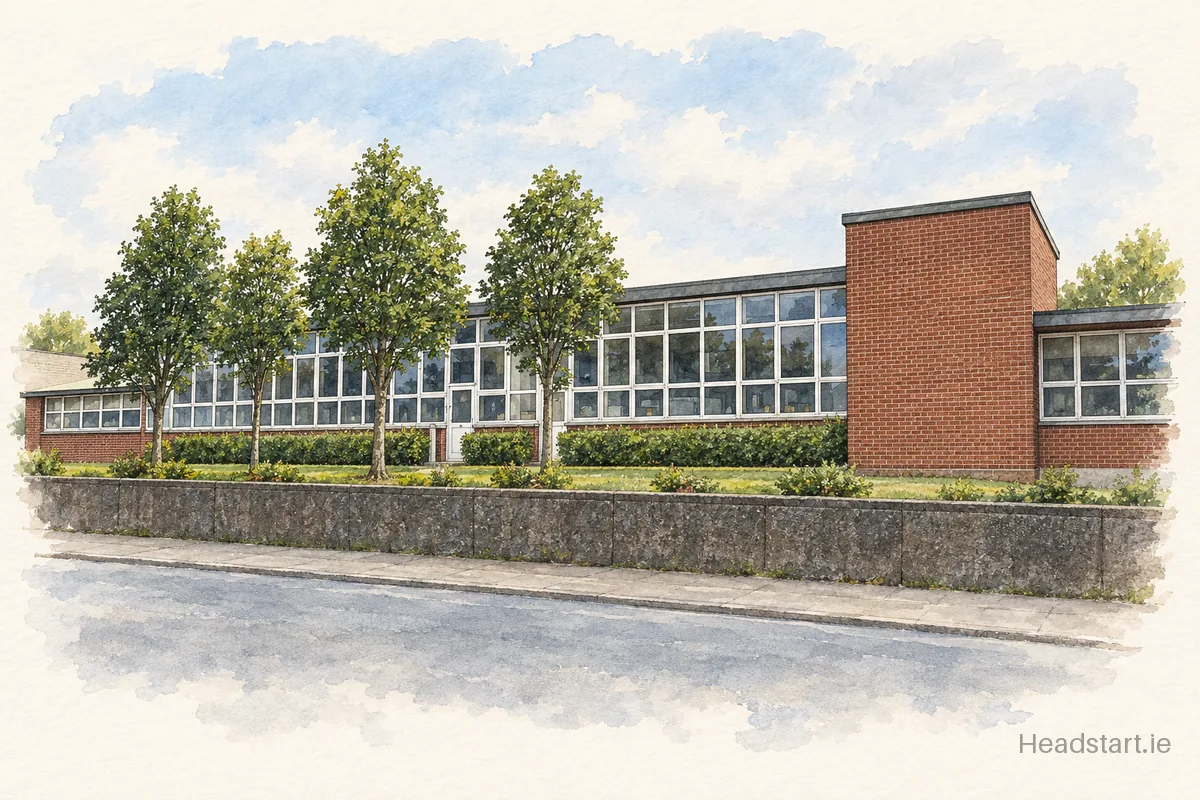 Watercolour illustration of the Balbriggan Community College building, Balbriggan