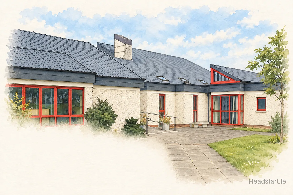 Watercolour illustration of the Grange Community College building, Donaghmede