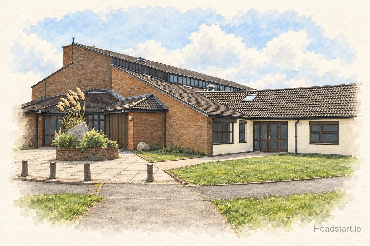 Watercolour illustration of the Collinstown Park Community College building, Rowlagh