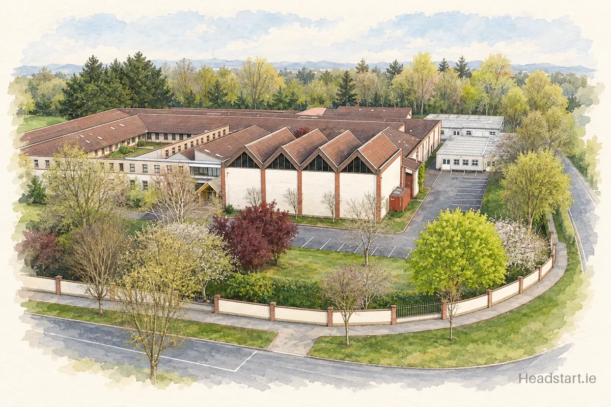 Watercolour illustration of the Lucan Community College building, Lucan