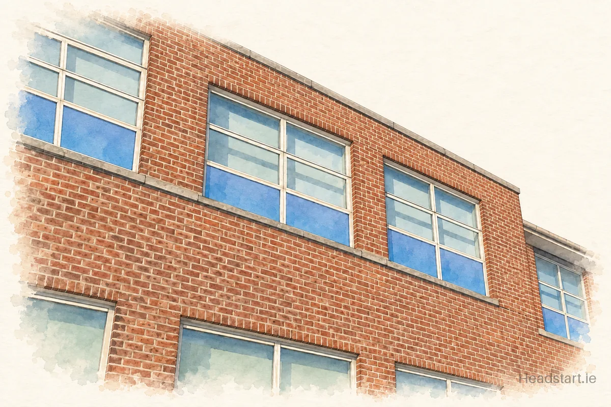 Watercolour illustration of the Cabra Community College building, Cabra