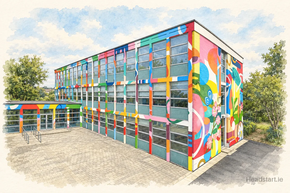 Watercolour illustration of the Clogher Road Community College building, Crumlin