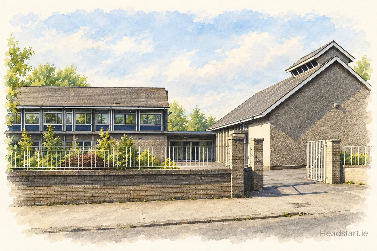 Watercolour illustration of the Coláiste Eoin building, Finglas West
