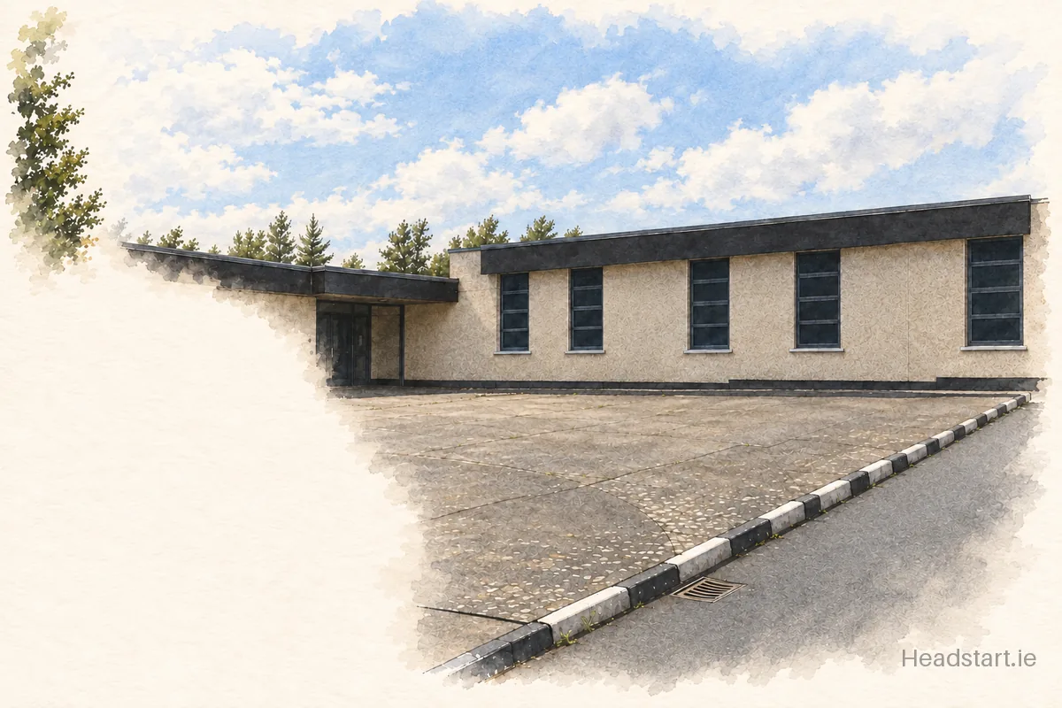 Watercolour illustration of the St Mac Dara's Community College building, Wellington Lane