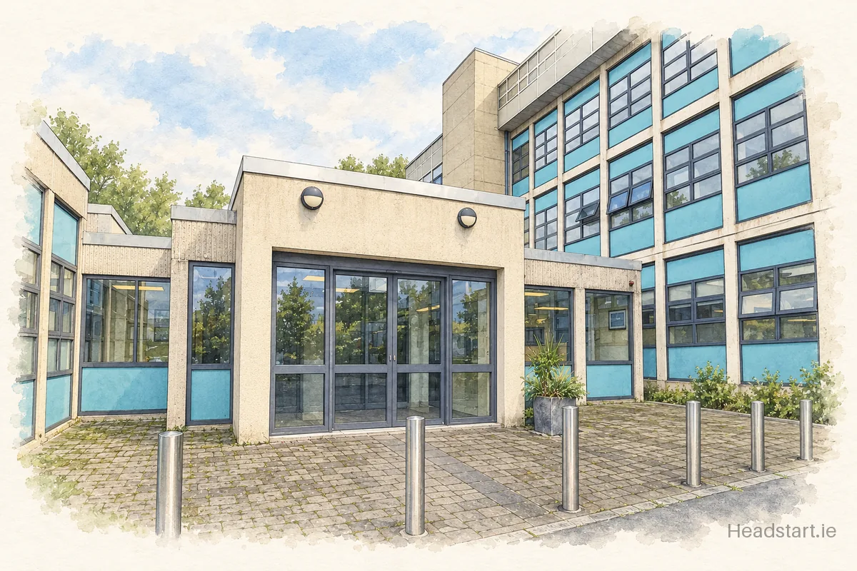 Watercolour illustration of the Coláiste Dhúlaigh building, Coolock