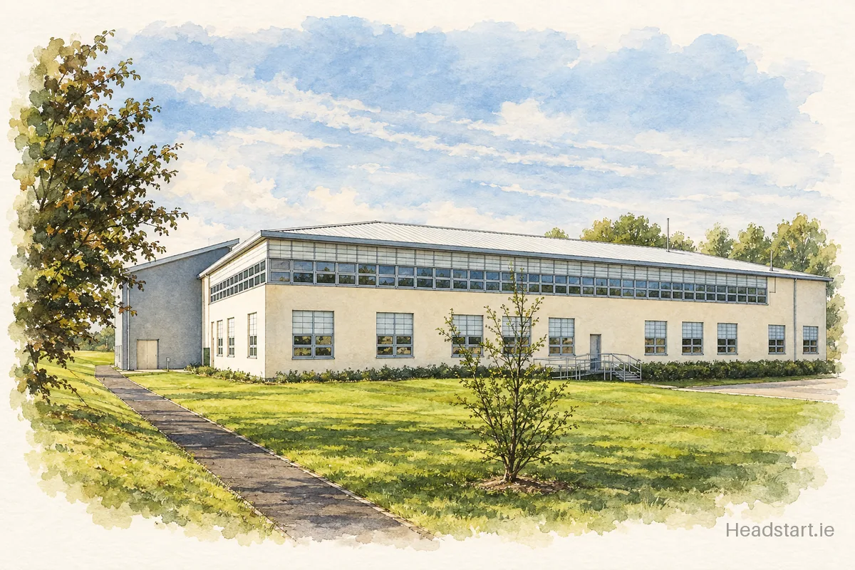Watercolour illustration of the Gaelcholáiste Cheatharlach building, Carlow
