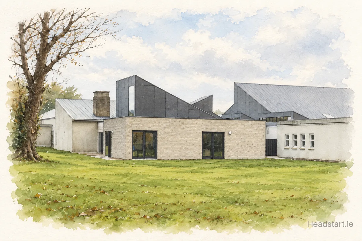Watercolour illustration of the Killarney Community College building, Killarney