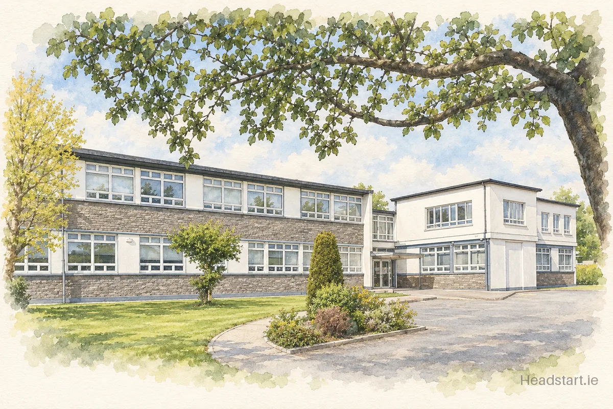 Watercolour illustration of the Colaiste Na Riochta building, Listowel