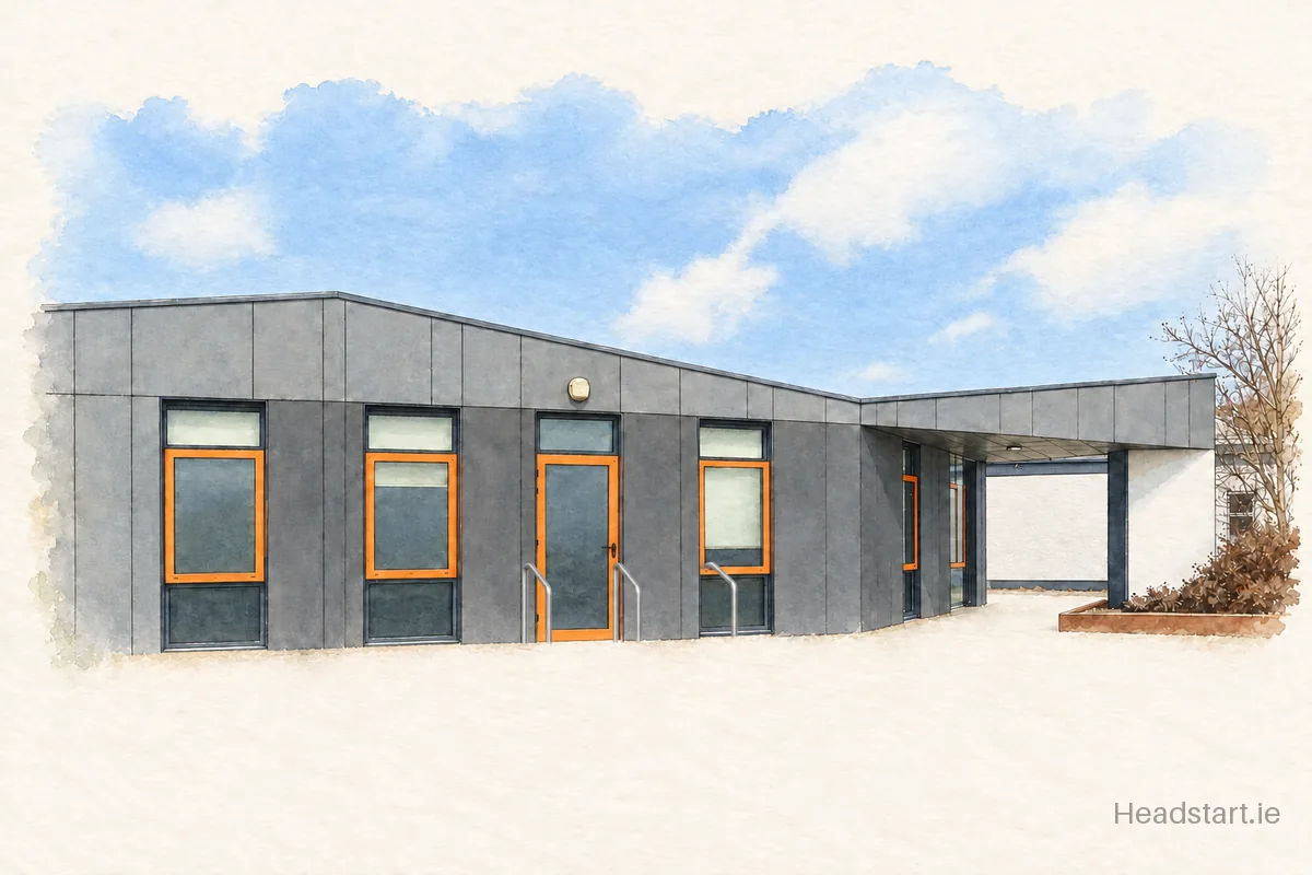 Watercolour illustration of the Causeway Comprehensive School building, Tralee