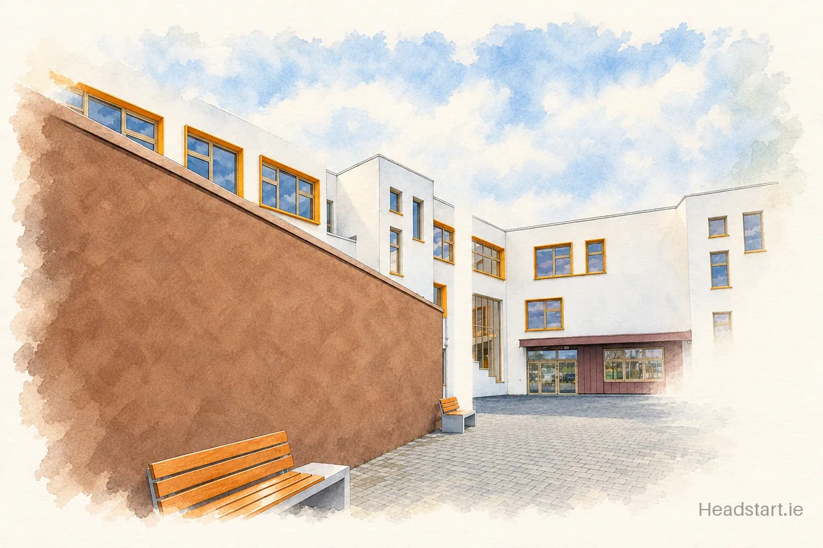 Watercolour illustration of the Gaelcholáiste Chiarraí building, Tralee