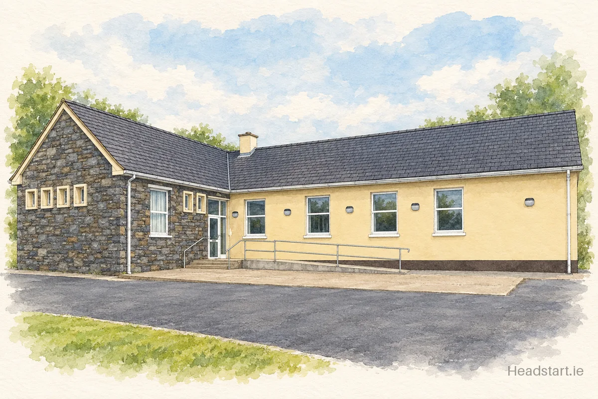 Watercolour illustration of the Scoil Aireagail building, Kilkenny
