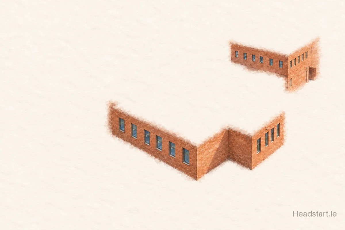 Watercolour illustration of the Coláiste Cois Siúire building, Mooncoin
