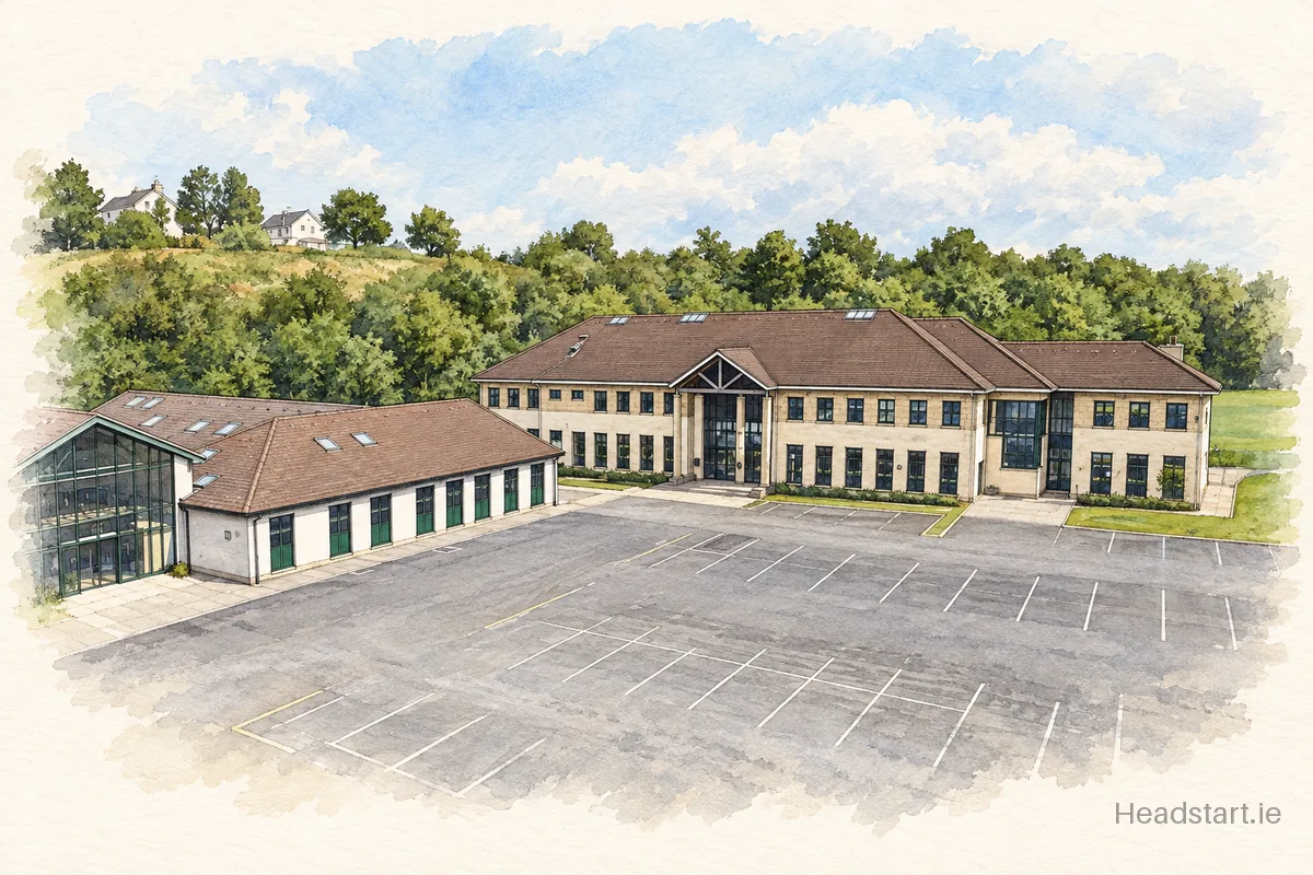 Watercolour illustration of the Confey College building, Naas