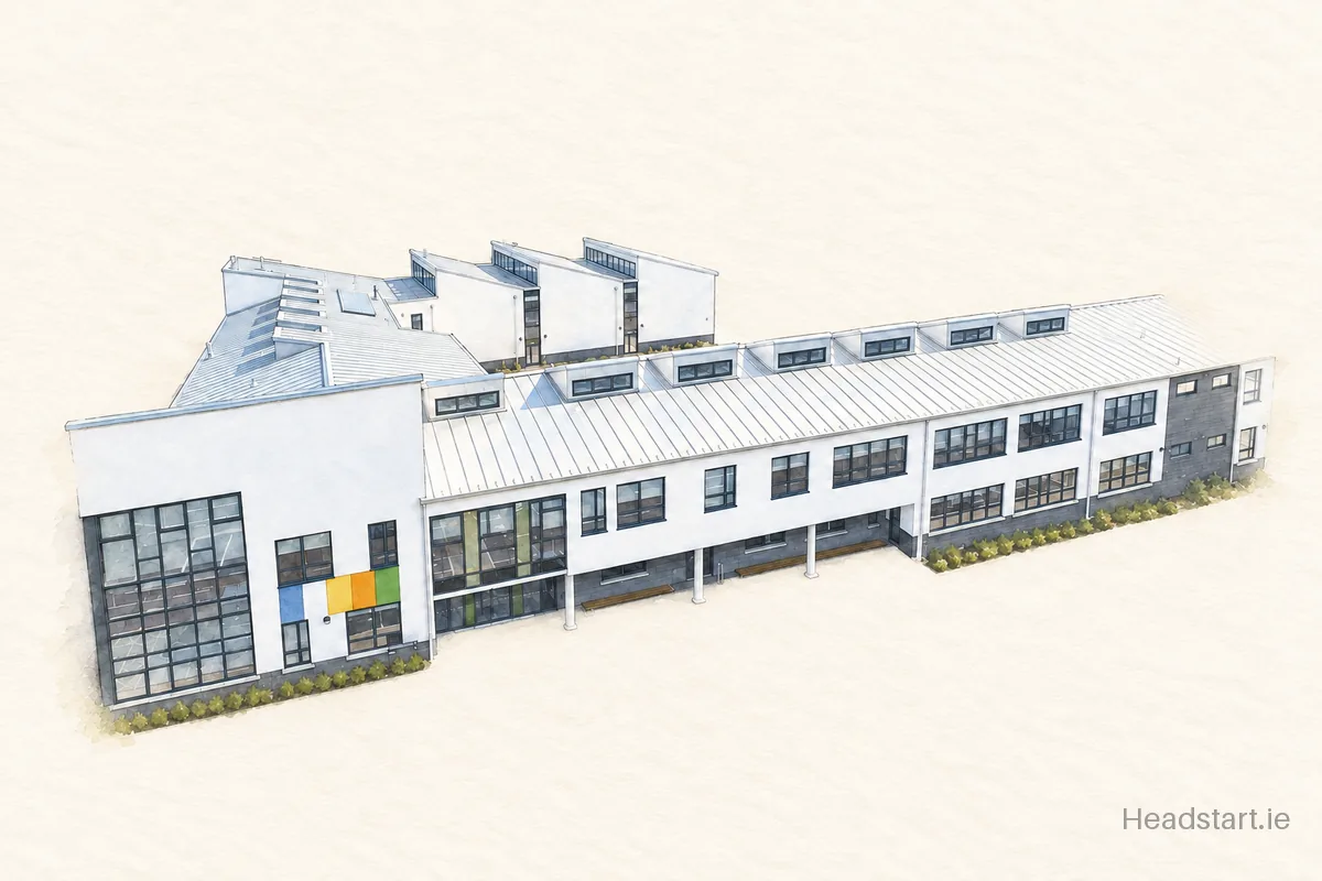 Watercolour illustration of the Coláiste Raithín building, Bray