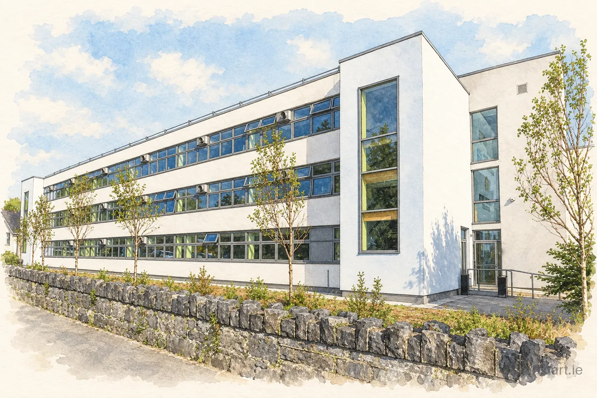 Watercolour illustration of the Ennis Community College building, Ennis