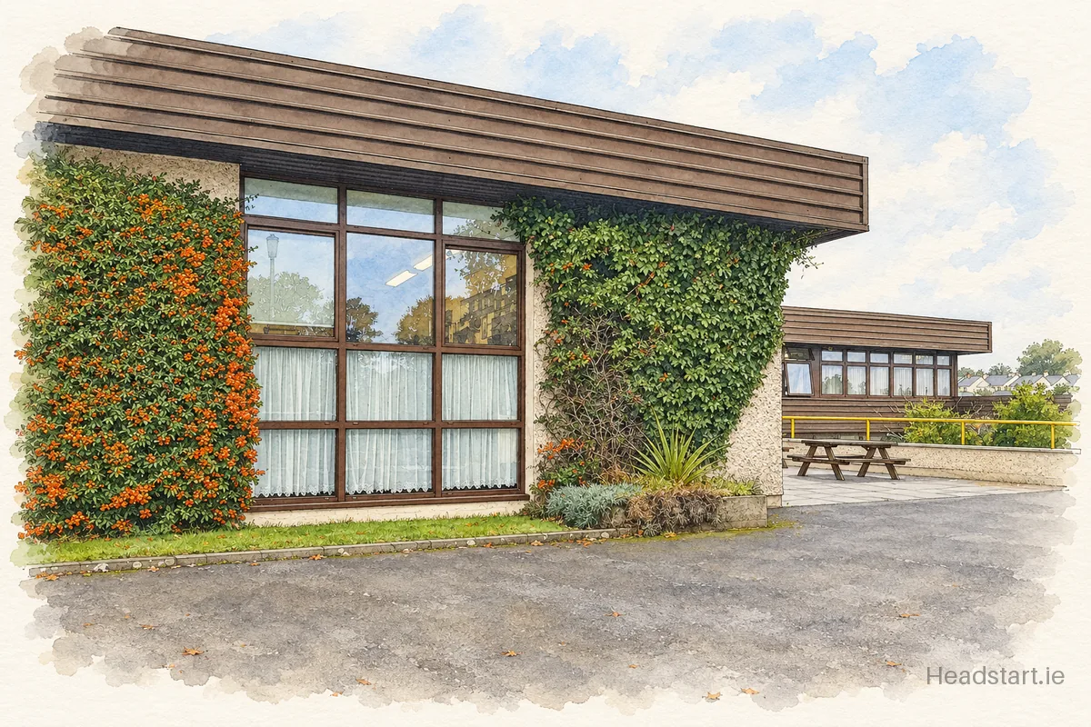 Watercolour illustration of the St. Brogan's College Bandon building, Bandon