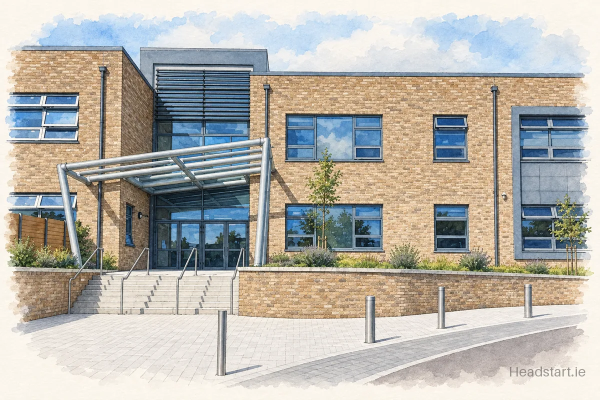 Watercolour illustration of the Clonakilty Community College building, Clonakilty