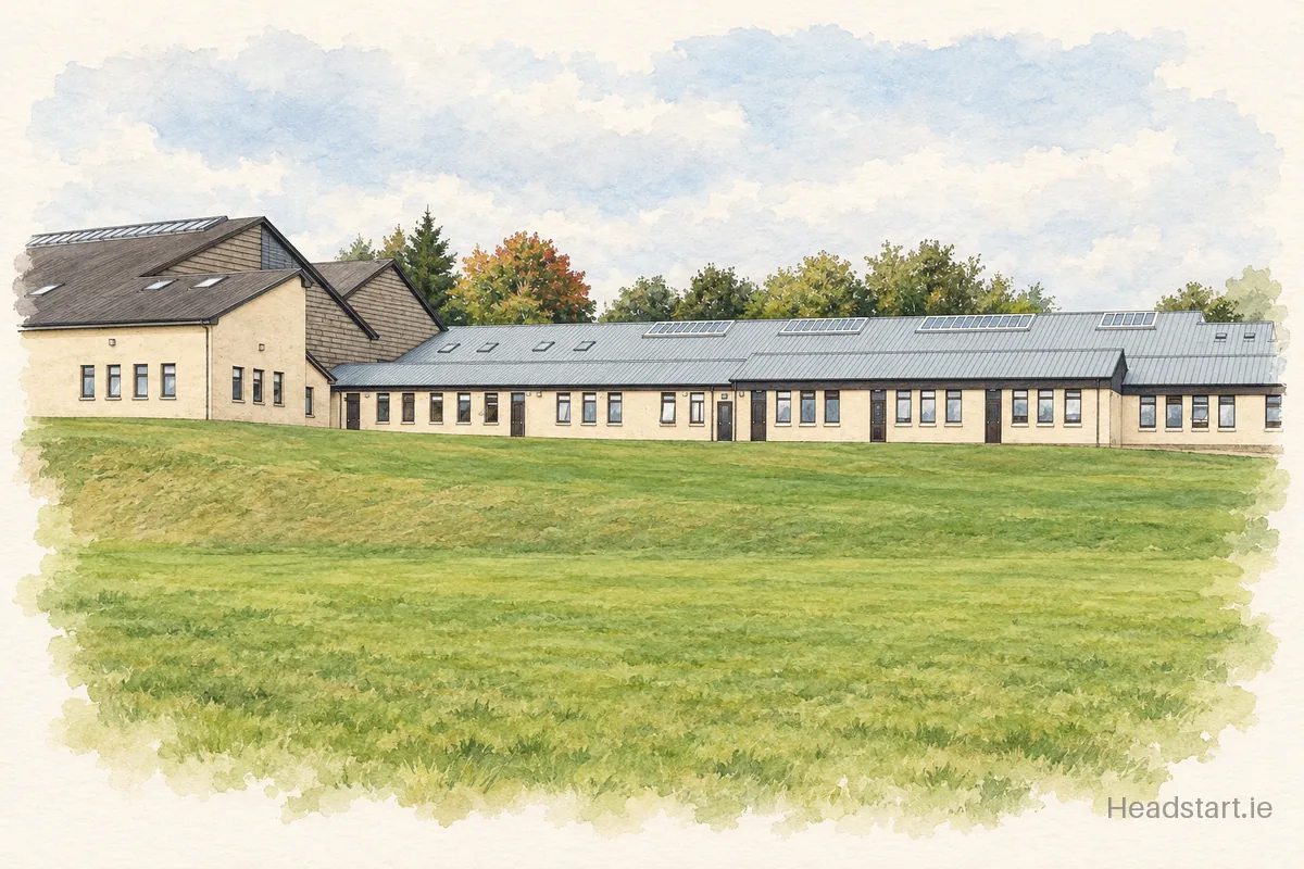 Watercolour illustration of the Coachford College building, Coachford