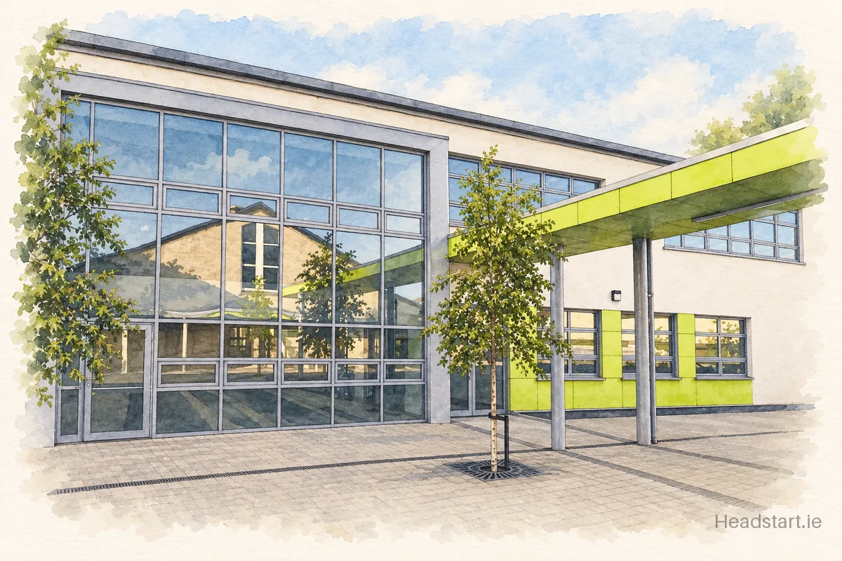 Watercolour illustration of the Coláiste An Chraoibhin building, Fermoy