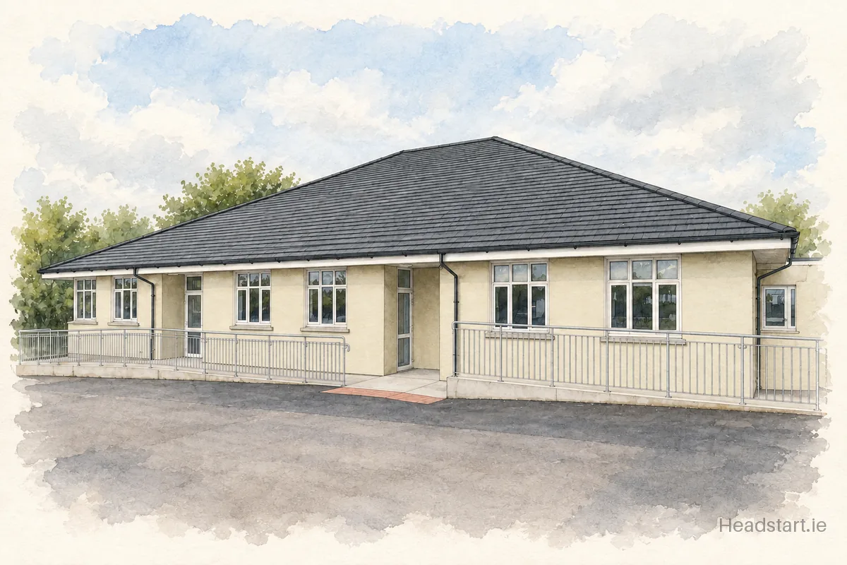 Watercolour illustration of the Colaiste Treasa building, Kanturk